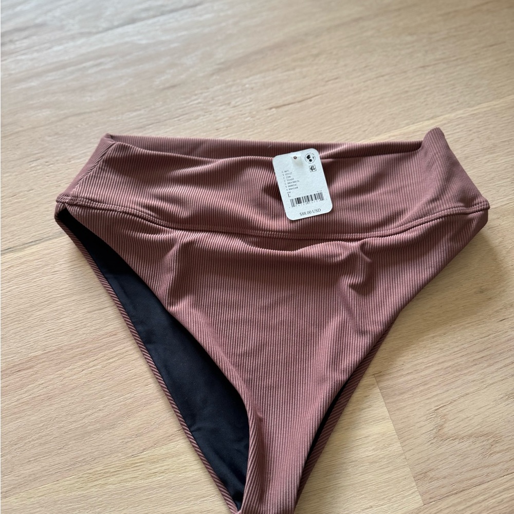 Ribbed High-Waist Bikini Bottom in Dusty Rose